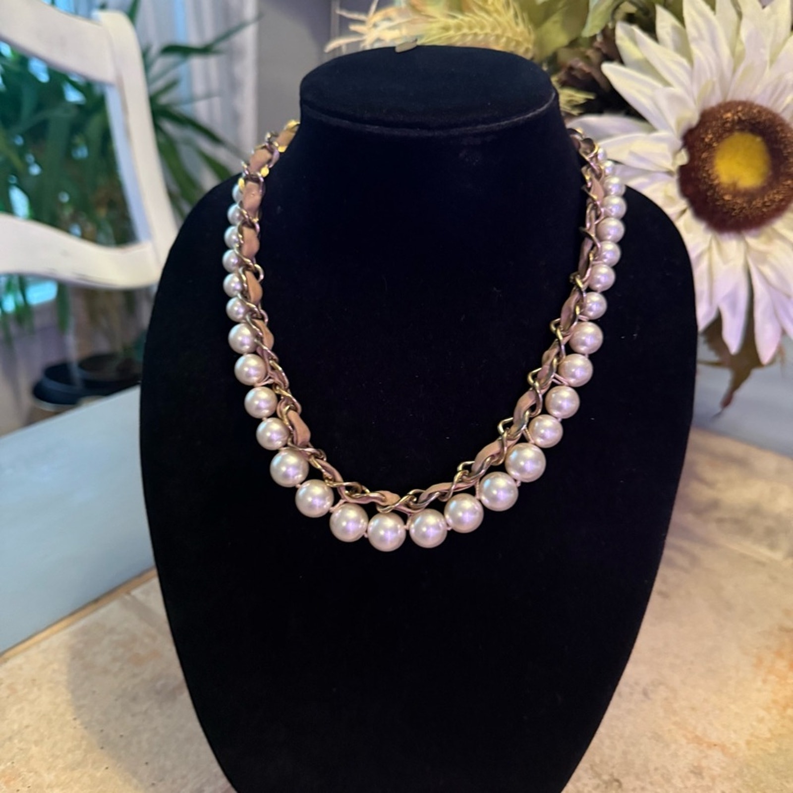 Coldwater Creek Faux Pearl Chainlink Statement Necklace